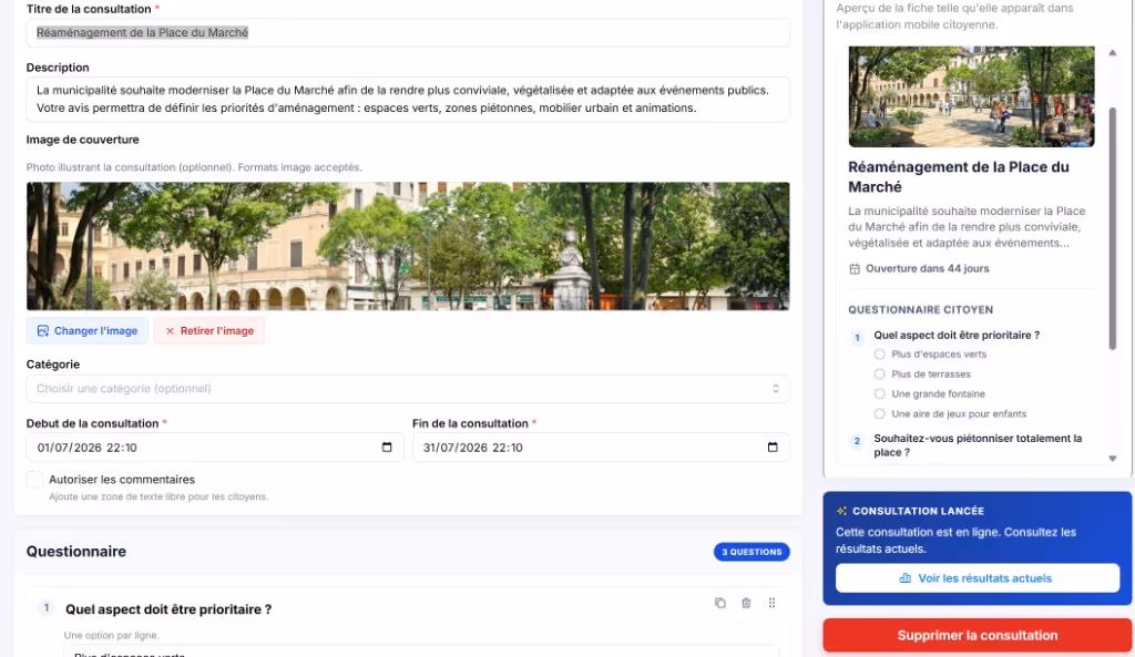 Écran Urblink : création d’une consultation avec questionnaire et aperçu mobile citoyen.