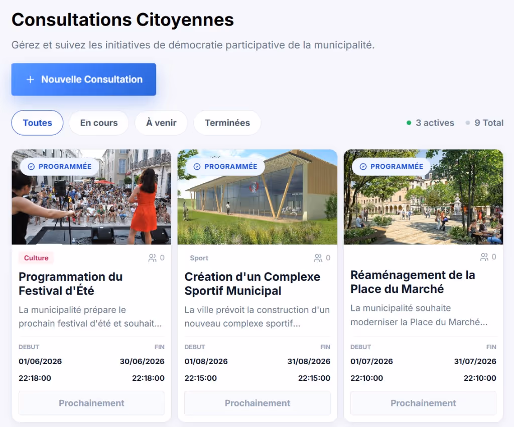 Écran Urblink listant les consultations citoyennes : statuts, dates de début et fin, et suivi de la participation.