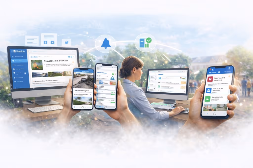 Plateforme Urblink sur ordinateur et smartphones : engagement civique et services municipaux en situation réelle.